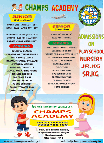 Summer camp - Champs Academy | MadrazBuzz - Thiruvanmiyur local guide